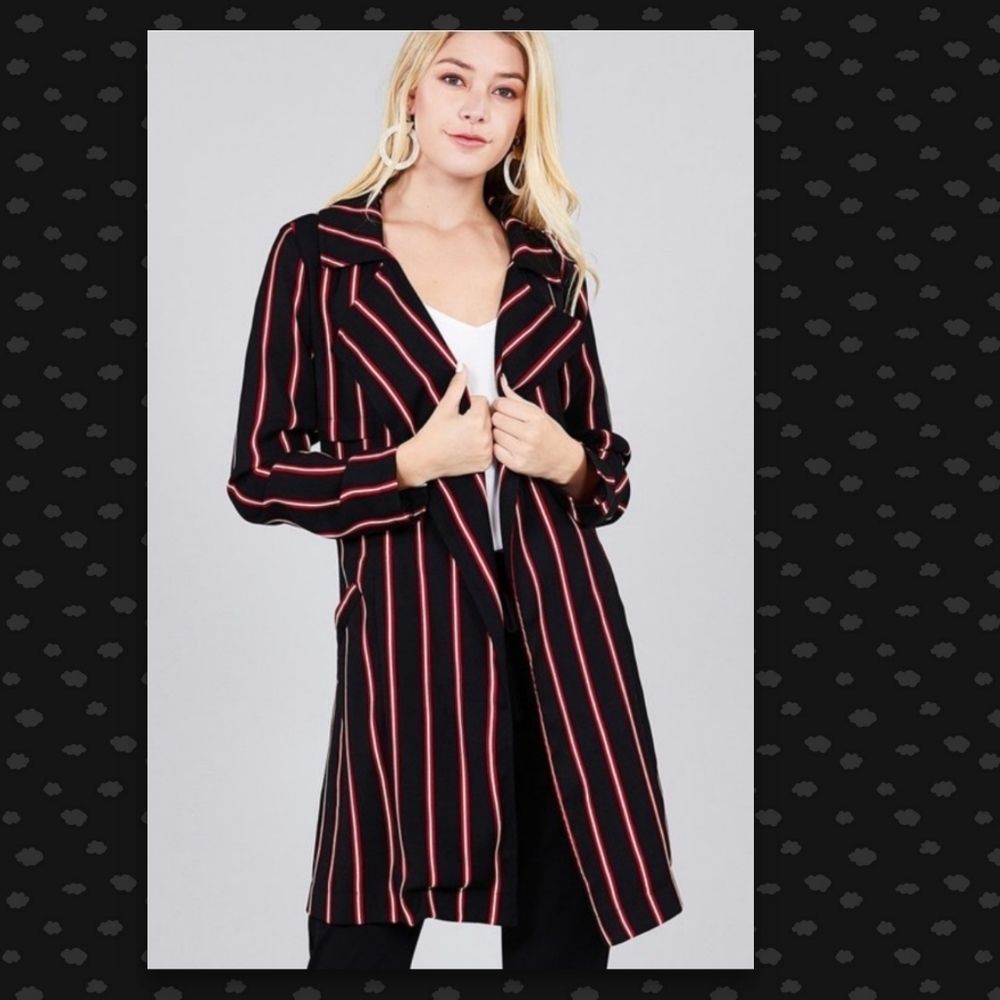 Black Trench Coat Striped Jacket Red White Pinstripes Black Coat NEW Best Seller